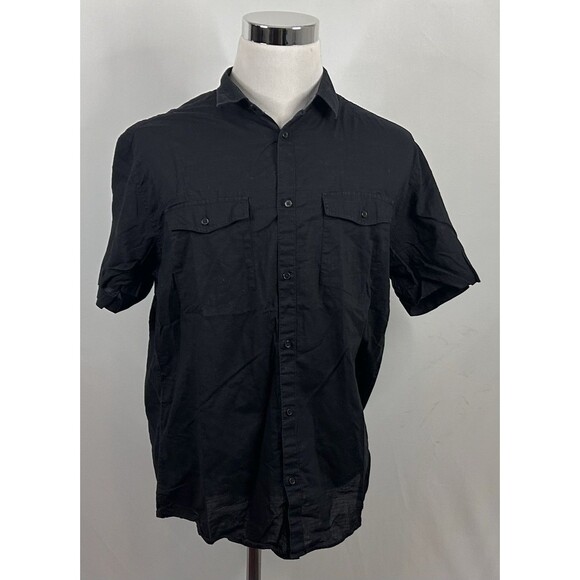 H&M XL Regular Fit Short Sleeve Shirt All Black Button Front 100% Cotton Casual - Picture 2 of 3